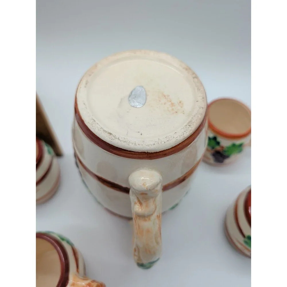 Kasuga Ware Japan Majolica Grape Pitcher 5 Mugs Vine Handles